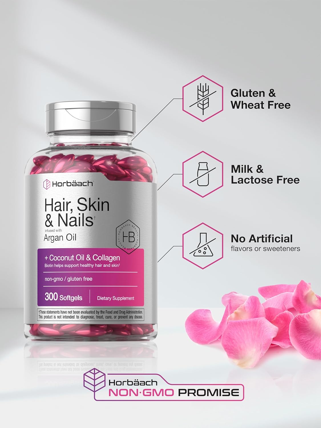 Hair, Skin, and Nails Supplement - 300 Softgels with Biotin, Collagen, Argan Oil, and Coconut Oil - Non-GMO and Gluten-Free