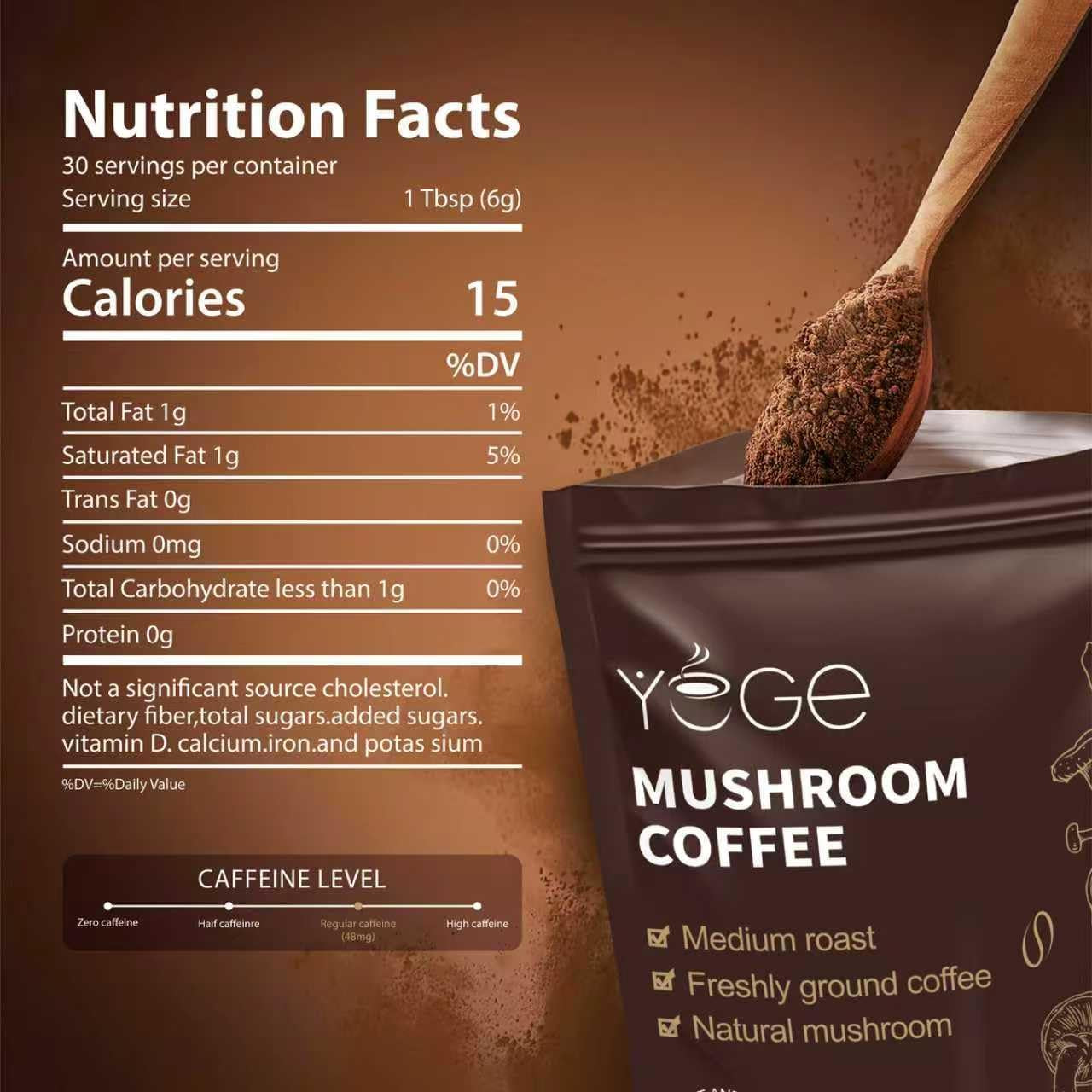 Instant Mushroom Coffee Blend with Cordyceps, Reishi, King Trumpet, Shiitake, Turkey Tail, and Lion's Mane for Enhanced Energy, Focus, Mood Support, and Immune Health (30 Servings)