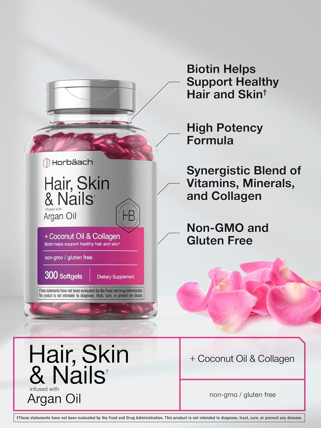 Hair, Skin, and Nails Supplement - 300 Softgels with Biotin, Collagen, Argan Oil, and Coconut Oil - Non-GMO and Gluten-Free