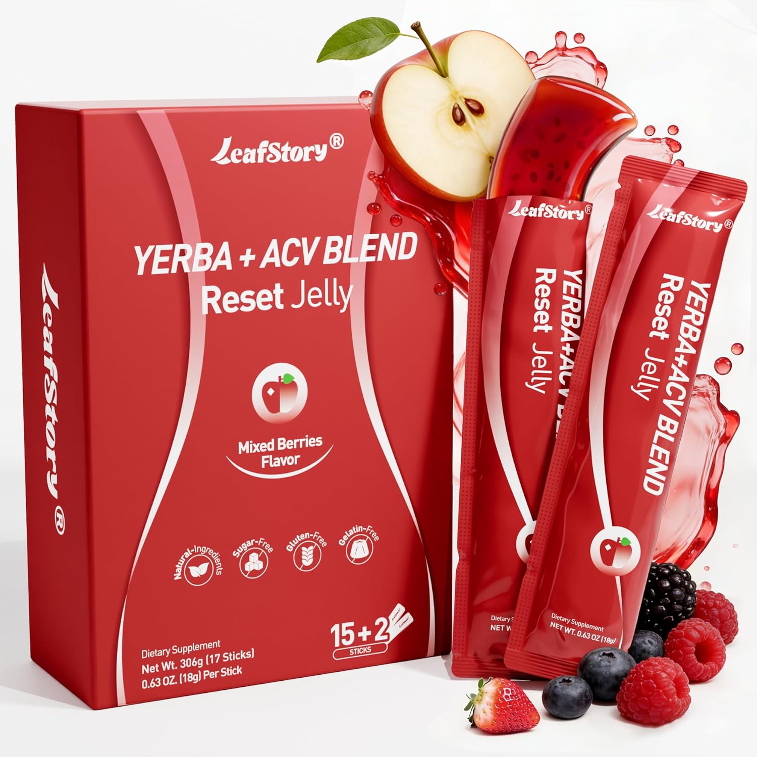 Revitalize Your Health with Our Yerba Mate & ACV Blend Reset Jelly Supplement - 15+2 Sticks for Gut Cleanse, Detox, and Metabolism Support
