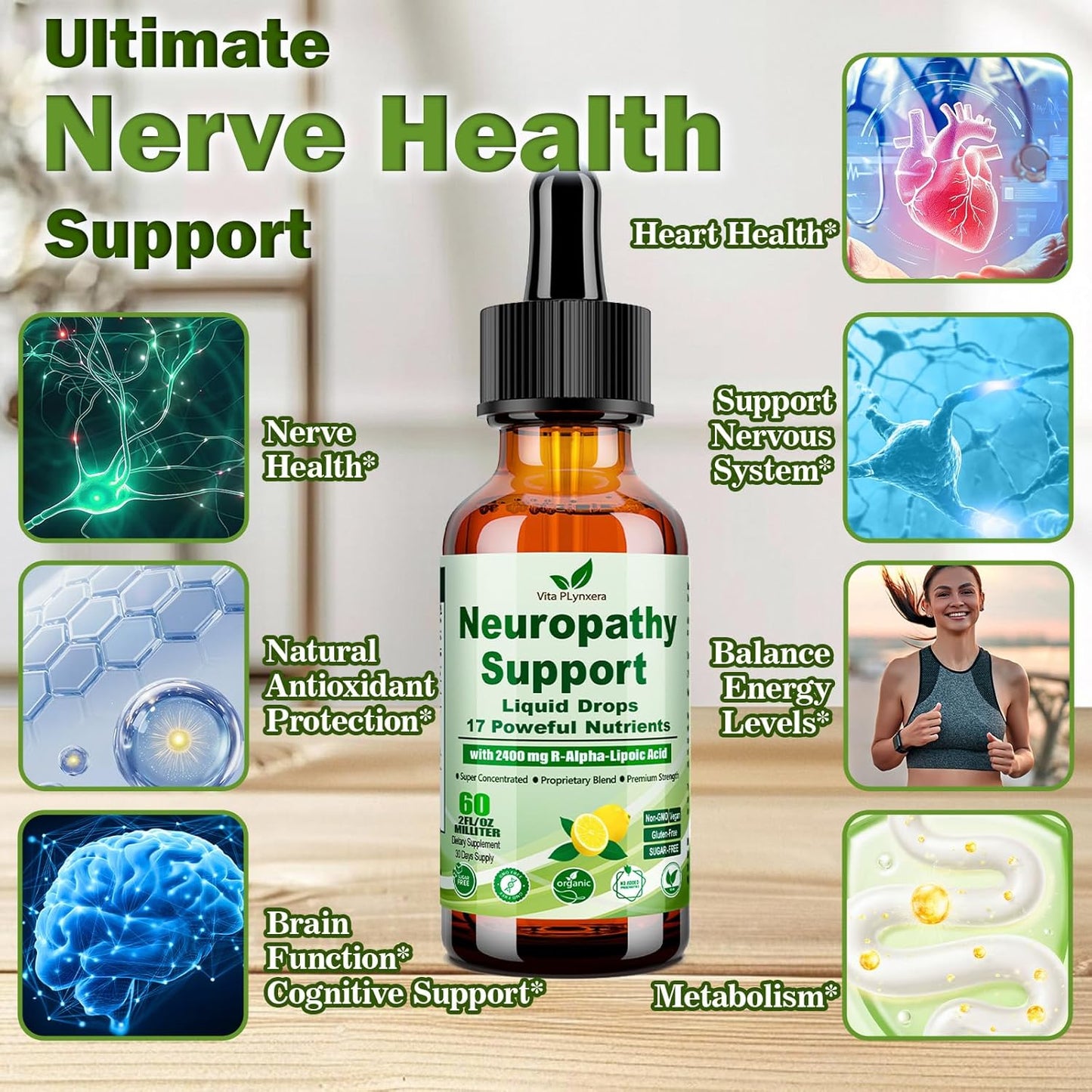 Neuropathy Support Liquid Drops with Advanced 17-In-1 Formula: Stabilized R-Alpha Lipoic Acid, Acetyl L-Carnitine, Vitamin B-Complex, and Magnesium for Enhanced Nerve Health and Antioxidant Energy