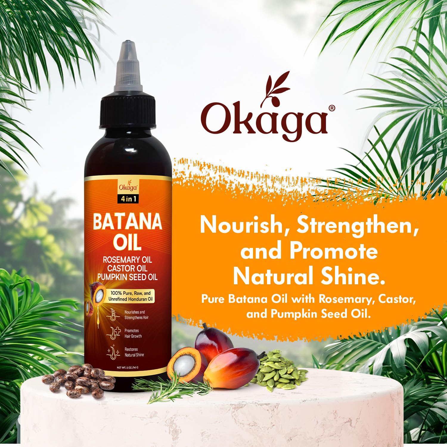 Batana Oil for Hair Growth with Rosemary, Castor, and Pumpkin Seed Oils - 100% Pure Unrefined Honduran Formula for Strengthening and Nourishing Scalp and Hair (5oz)
