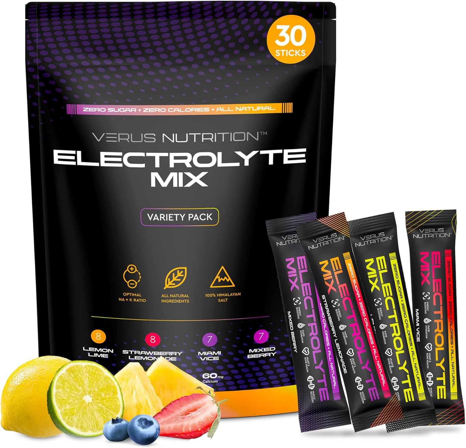 Sugar-Free Electrolyte Powder - Zero Calorie Hydration Mix for Fasting, Keto, and Vegan Diets | Natural Ingredients, 60 Servings