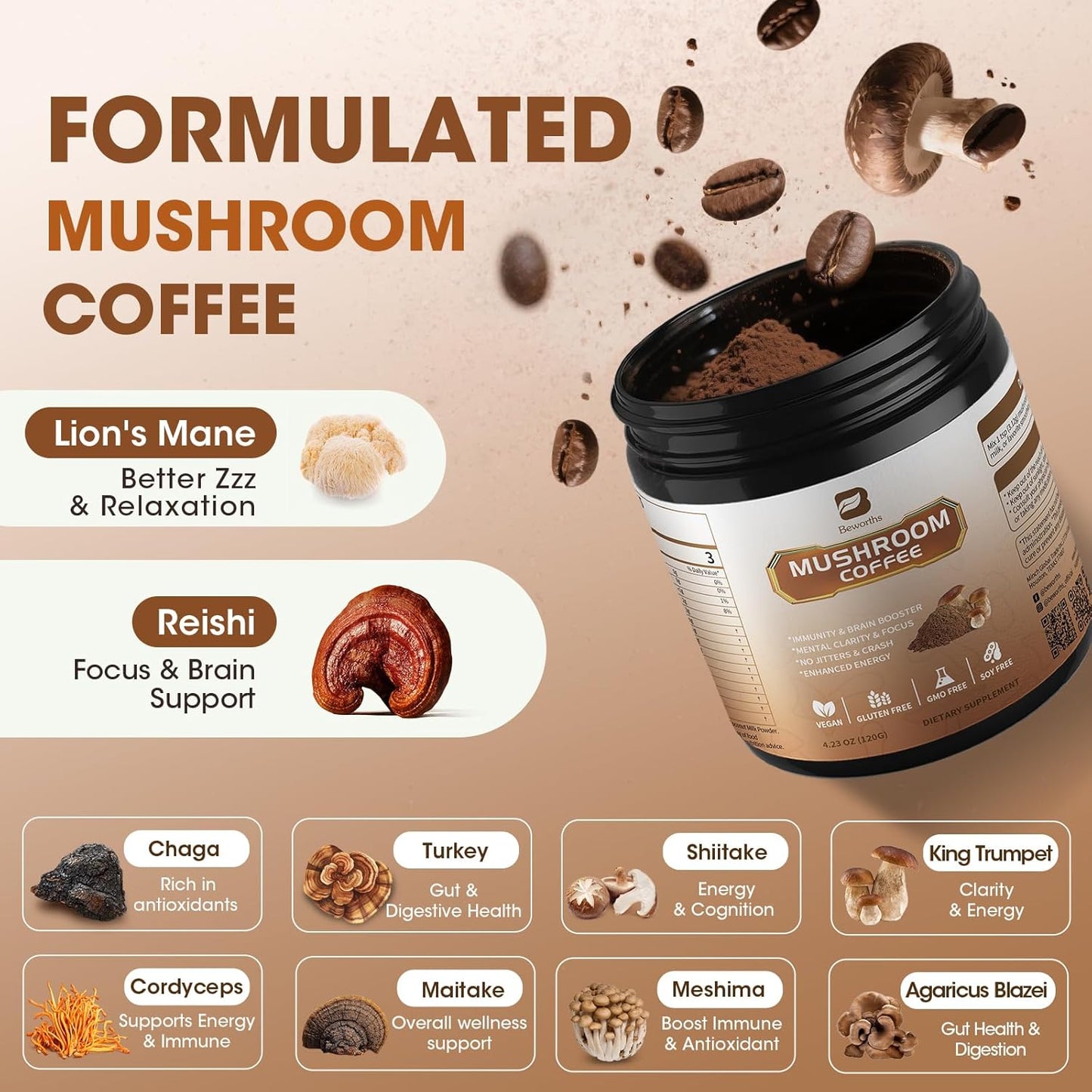 Mushroom Coffee Blend - Instant Coffee with Lion's Mane, Reishi, Chaga, Cordyceps, and Turkey Tail for Enhanced Energy, Mental Clarity, and Cognitive Support