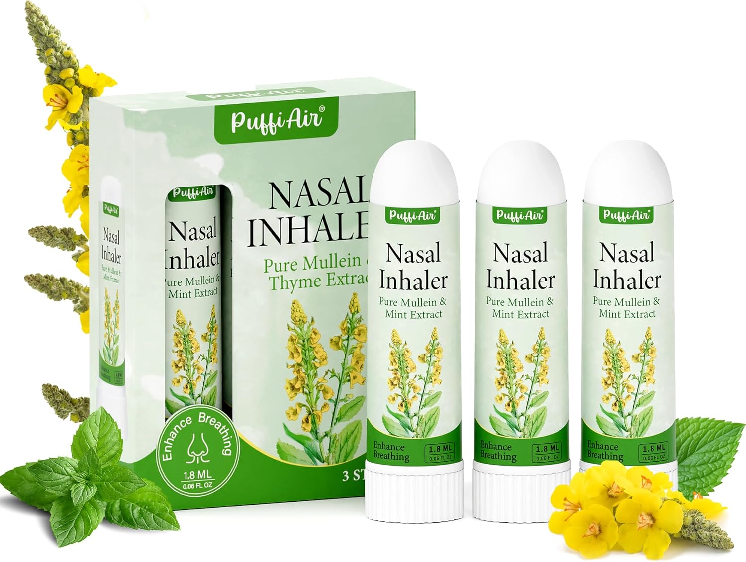 Herbal Diffuser Pen for Lung Health - Mullein, Thyme & Mint Blend for Enhanced Breathing, 600 Uses, Single Pack