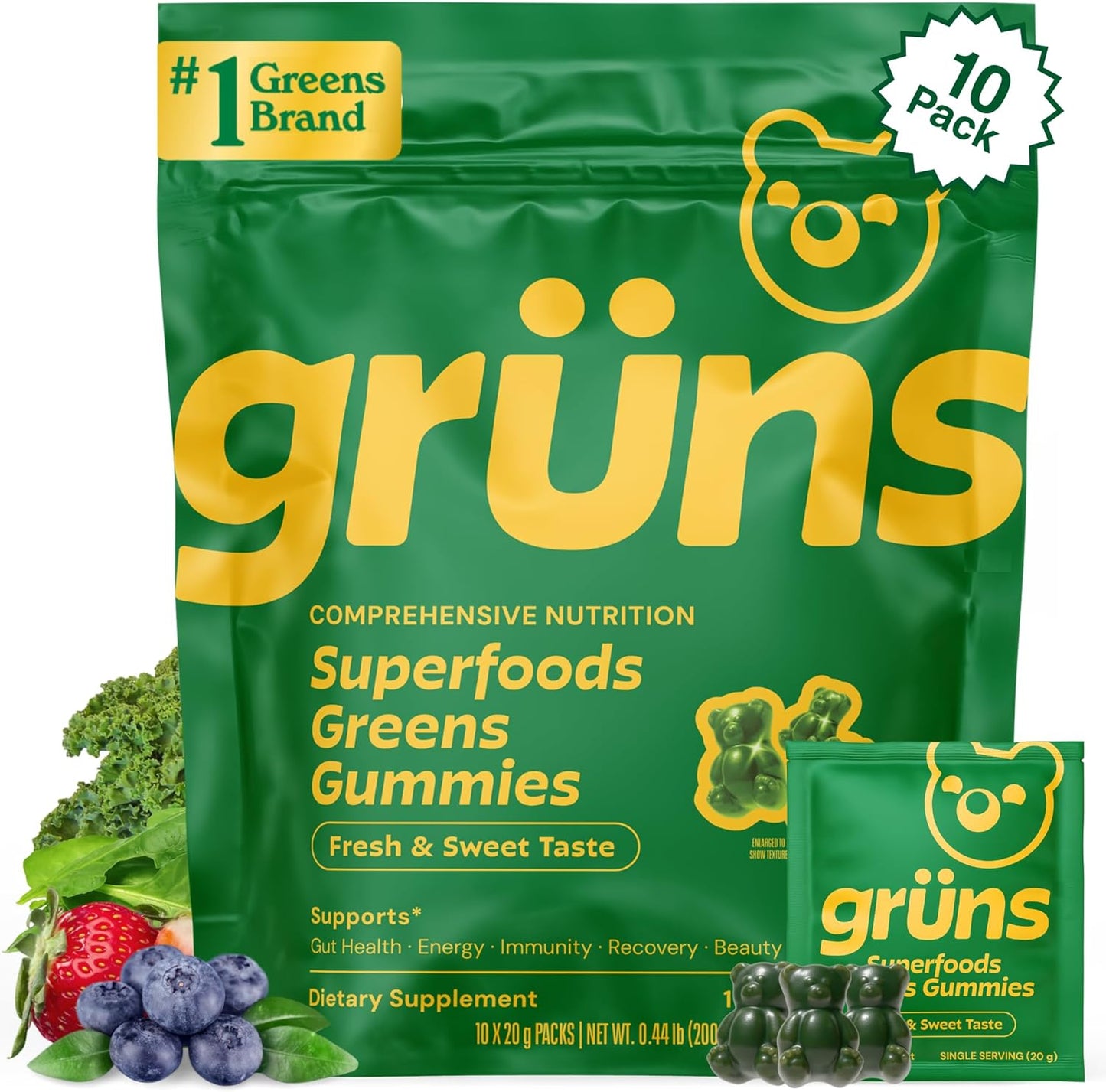 Adults Super Greens Gummies, Multivitamin Superfood Gummy Bears, Spirulina, Chlorella, Prebiotics & Fiber Gummies for Digestive Health, Adaptogens Supplement, 20 Vitamins & Minerals, 10 Count