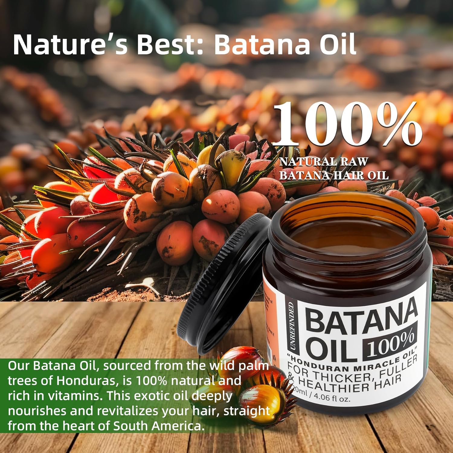Batana Oil for Hair Growth - 100% Natural, Unrefined, and Organic from Honduras, 4.06 Ounce Jar for Frizz Control, Split End Repair, Texture Enhancement, and Shine.