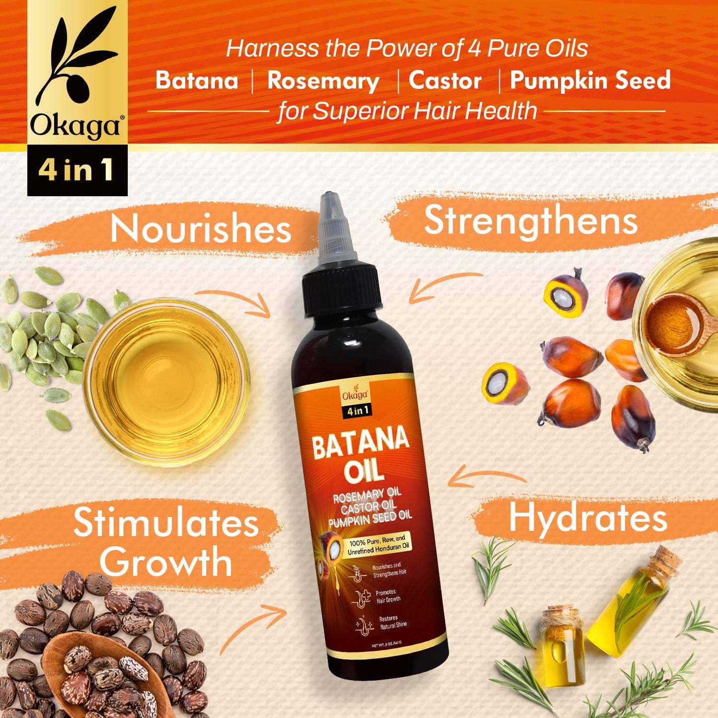 Batana Oil for Hair Growth with Rosemary, Castor, and Pumpkin Seed Oils - 100% Pure Unrefined Honduran Formula for Strengthening and Nourishing Scalp and Hair (5oz)