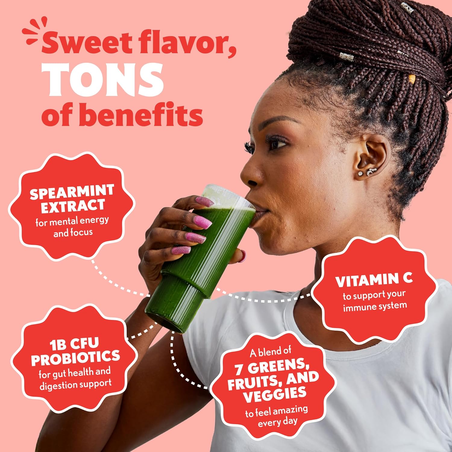 Sweet Greens and Superfoods Powder for Digestive Health, Greens Powder, Digestive Enzymes, Probiotics, Spirulina, Chlorella, Peach Hibiscus, 30 Servings