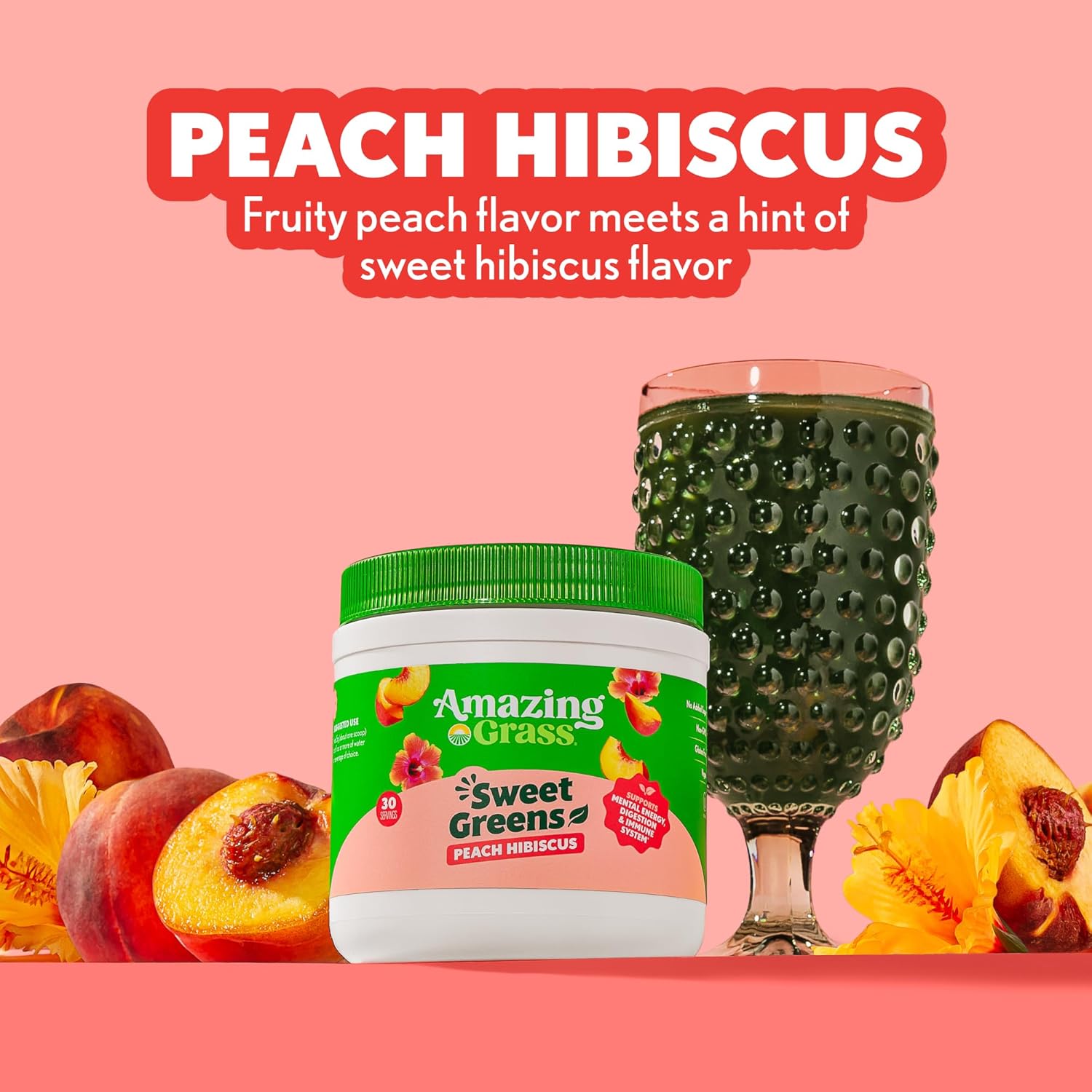 Sweet Greens and Superfoods Powder for Digestive Health, Greens Powder, Digestive Enzymes, Probiotics, Spirulina, Chlorella, Peach Hibiscus, 30 Servings