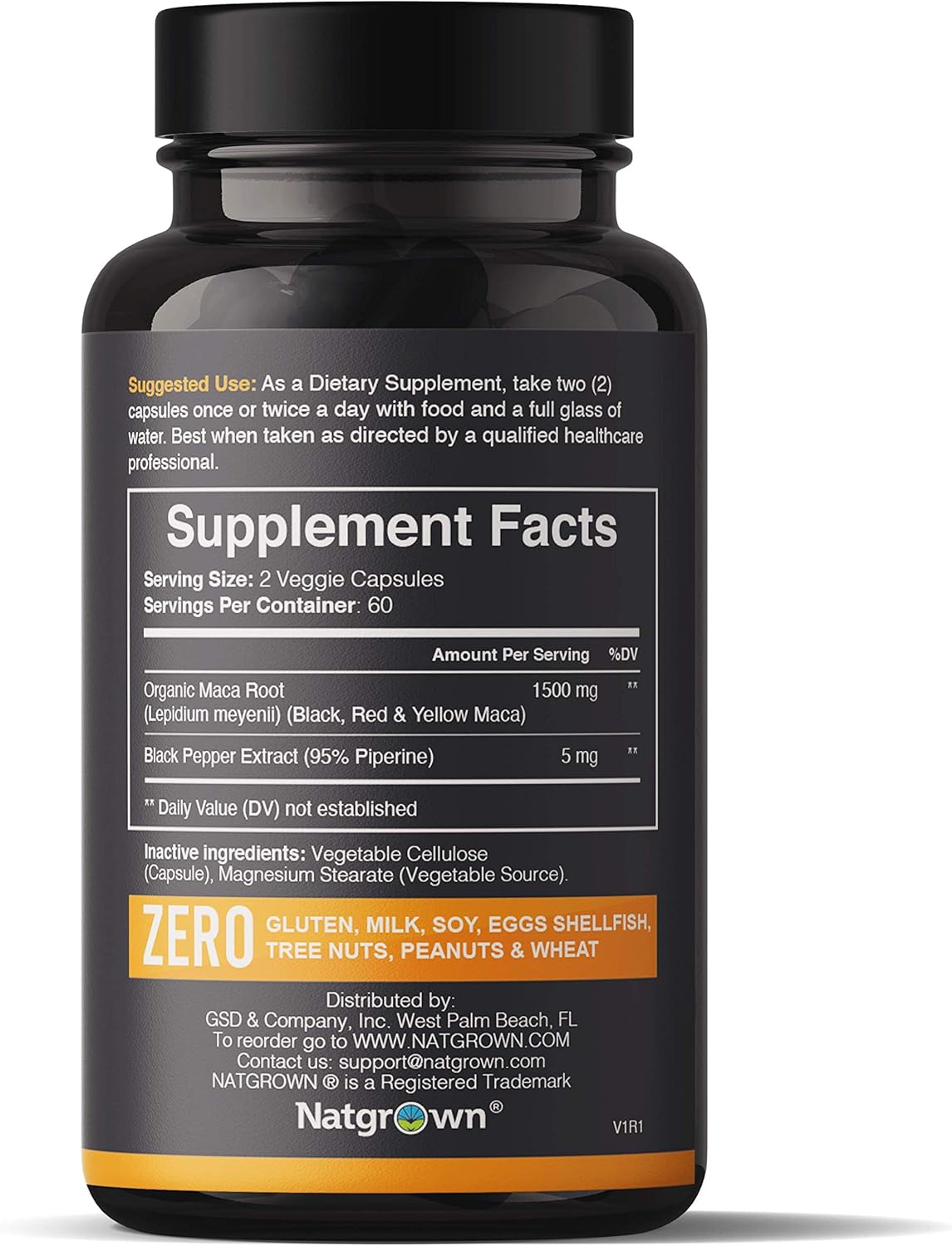 Organic Gelatinized Maca Root Powder Capsules - Black, Red & Yellow - 1500 Mg per Serving - Non-GMO, Gluten-Free, Vegan - 120 Count