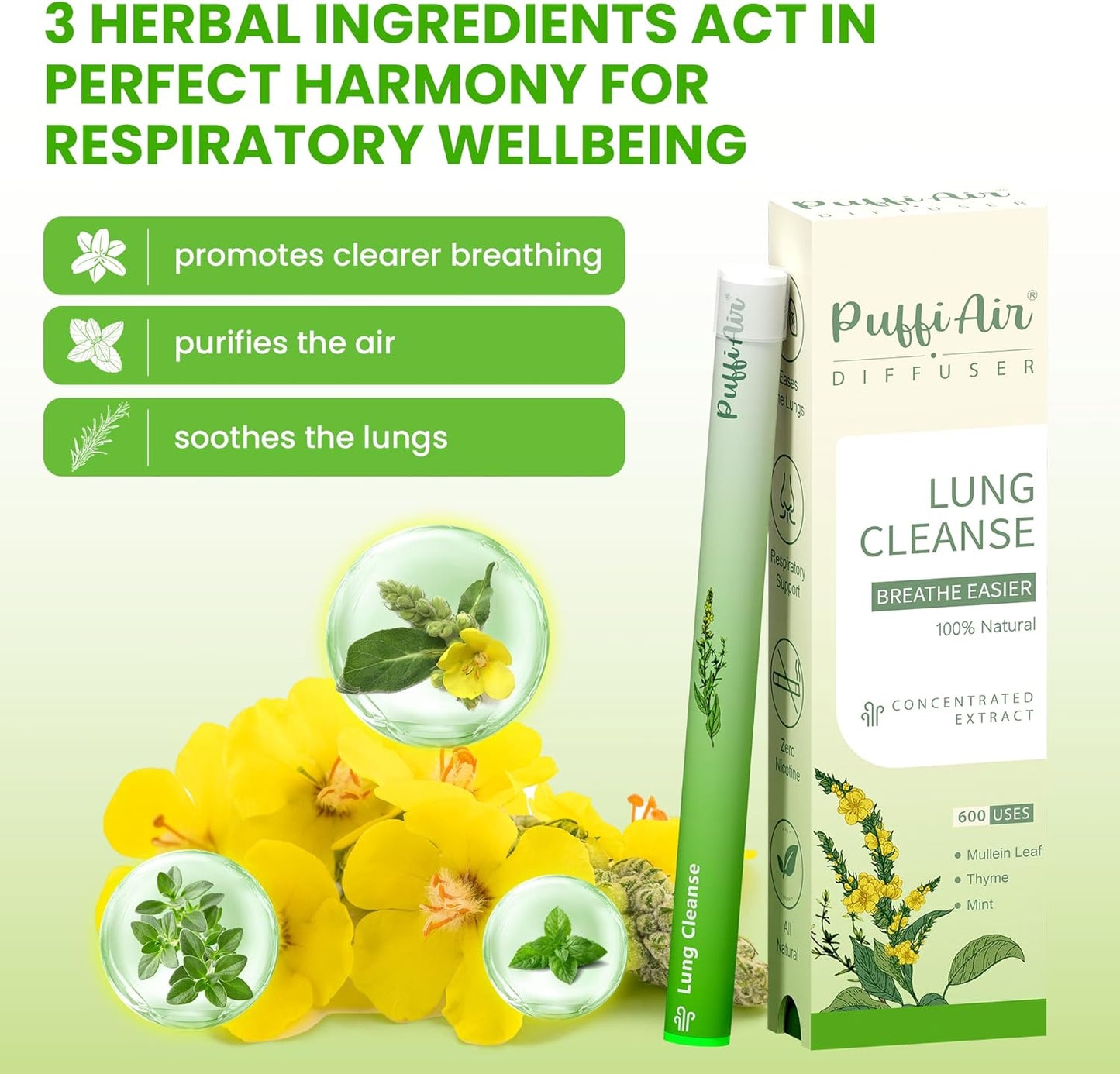 Herbal Diffuser Pen for Lung Health - Mullein, Thyme & Mint Blend for Enhanced Breathing, 600 Uses, Single Pack