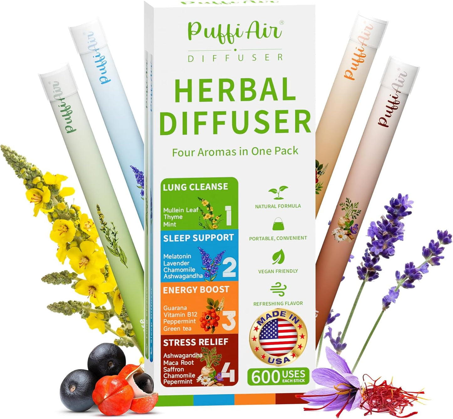 Herbal Diffuser Pen for Lung Health - Mullein, Thyme & Mint Blend for Enhanced Breathing, 600 Uses, Single Pack