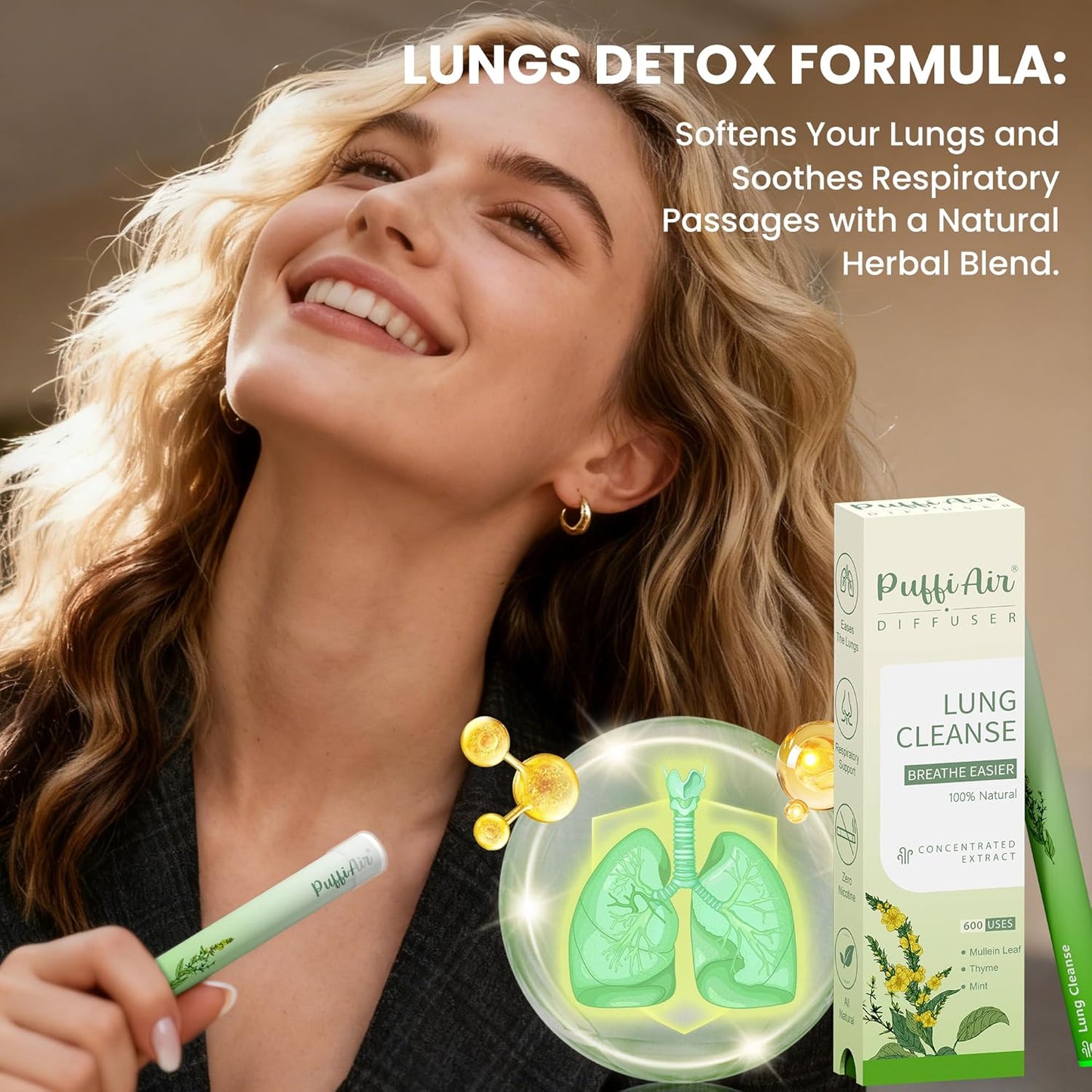 Herbal Diffuser Pen for Lung Health - Mullein, Thyme & Mint Blend for Enhanced Breathing, 600 Uses, Single Pack