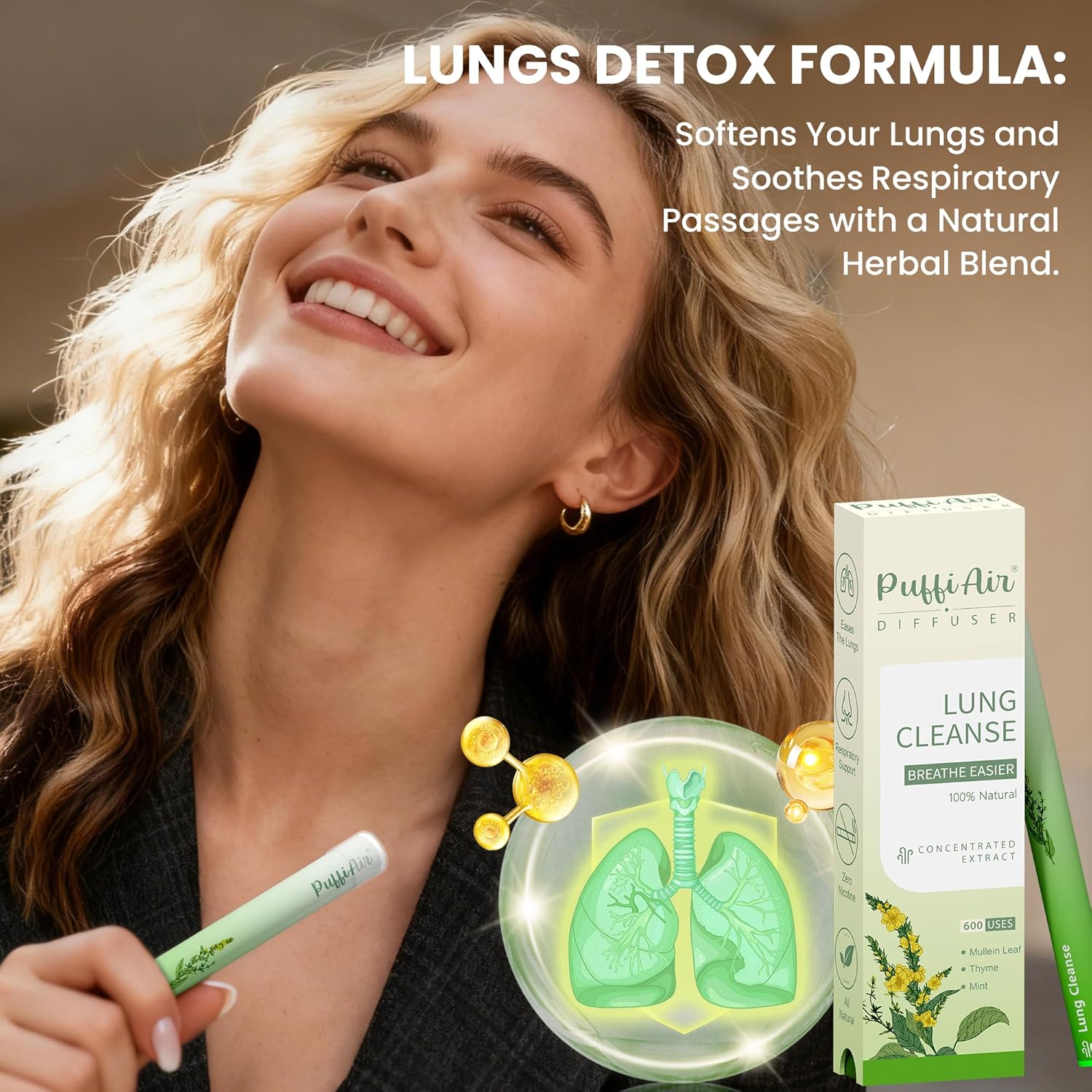 Herbal Diffuser Pen for Lung Health - Mullein, Thyme & Mint Blend for Enhanced Breathing, 600 Uses, Single Pack