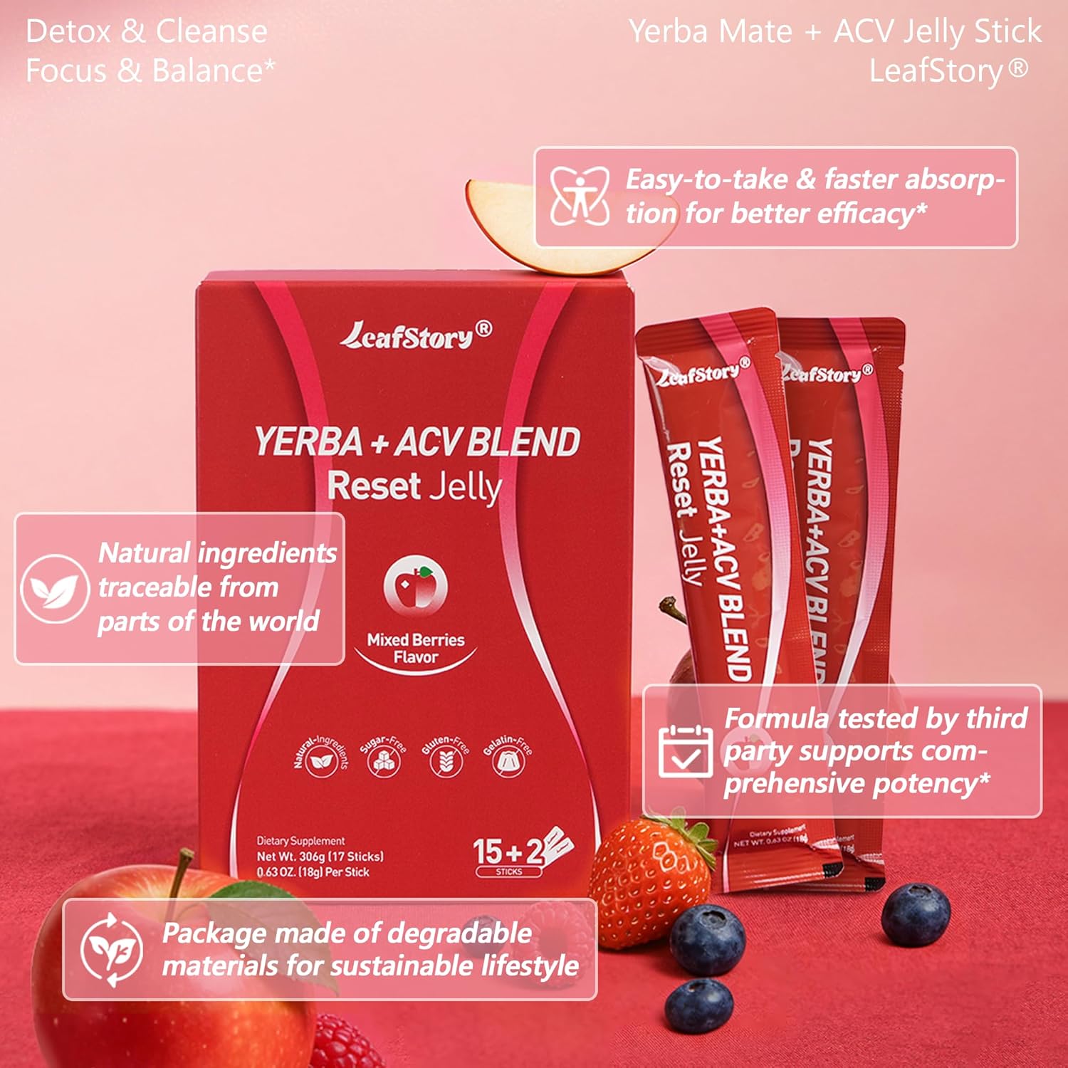 Revitalize Your Health with Our Yerba Mate & ACV Blend Reset Jelly Supplement - 15+2 Sticks for Gut Cleanse, Detox, and Metabolism Support