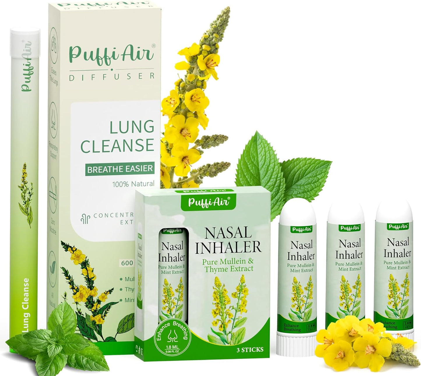 Herbal Diffuser Pen for Lung Health - Mullein, Thyme & Mint Blend for Enhanced Breathing, 600 Uses, Single Pack