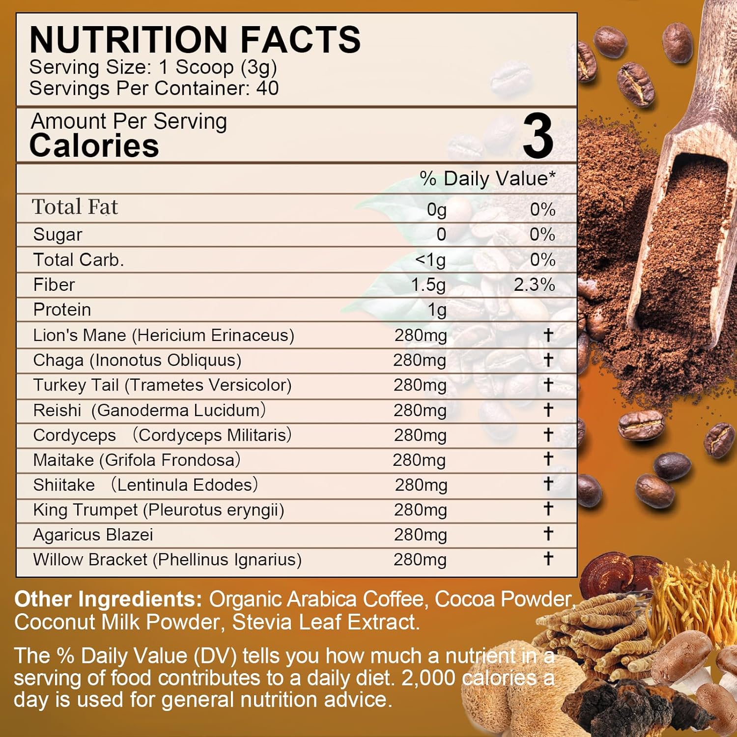 Mushroom Coffee Blend - Instant Coffee with Lion's Mane, Reishi, Chaga, Cordyceps, and Turkey Tail for Enhanced Energy, Mental Clarity, and Cognitive Support