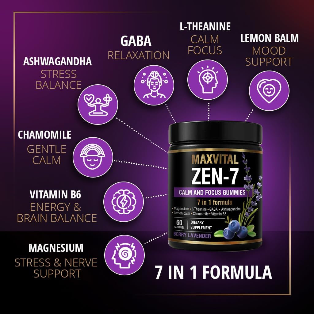 Zen-7 Calm & Focus Gummies - Sugar-Free Stress Relief with Ashwagandha & L-Theanine - 60 Delicious Vegan Gummies for Daily Calm and Clarity