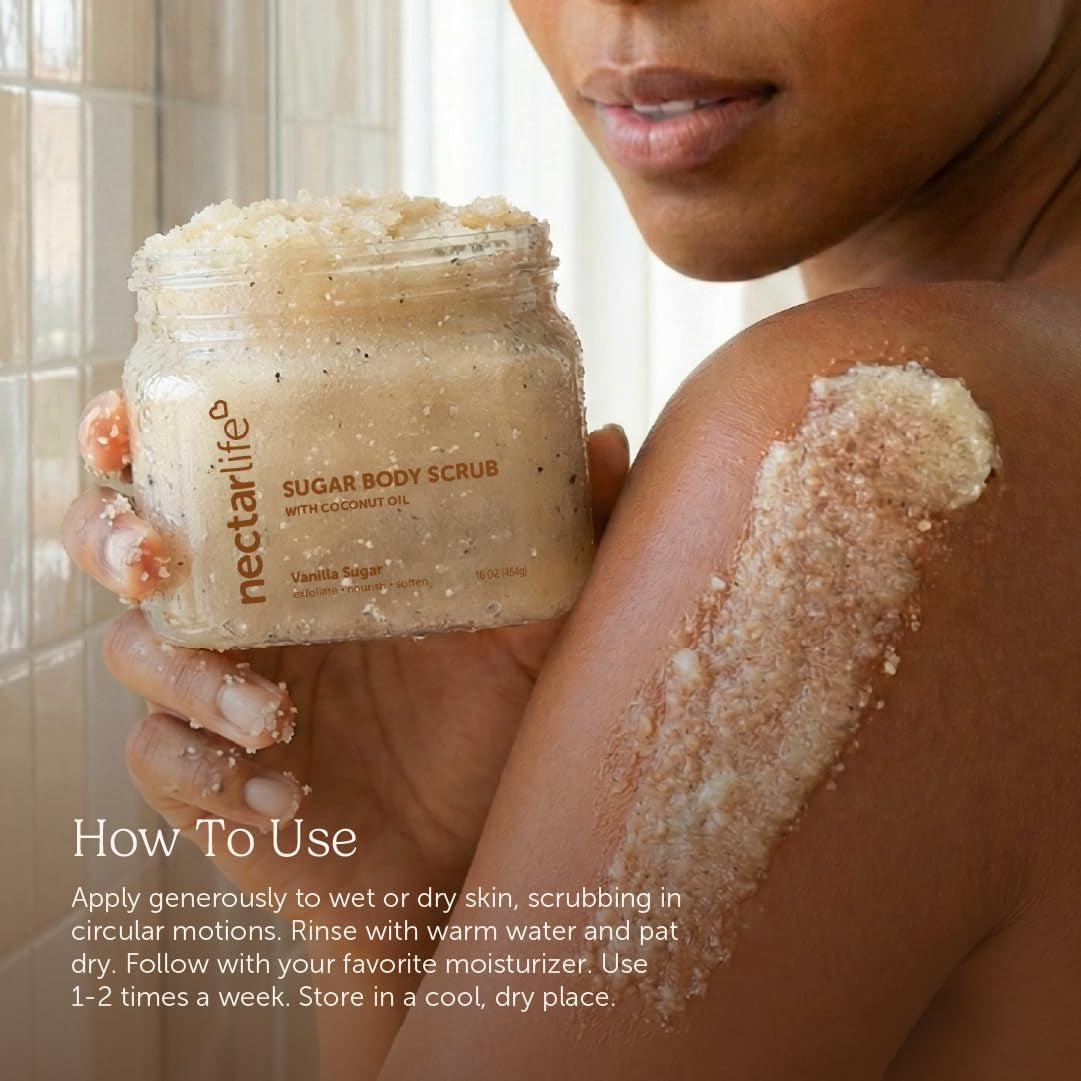 Nectar Life Exfoliating Sugar Scrub - Revitalize Your Skin with Coconut Oil & Shea Butter, Perfect Pre-Shave Exfoliator in Fruit Smoothie Scent (16 Ounce)