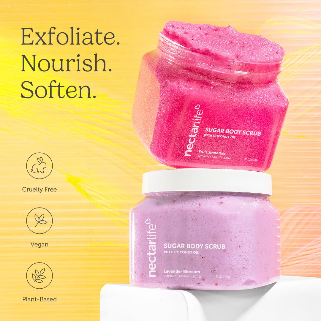 Nectar Life Exfoliating Sugar Scrub - Revitalize Your Skin with Coconut Oil & Shea Butter, Perfect Pre-Shave Exfoliator in Fruit Smoothie Scent (16 Ounce)