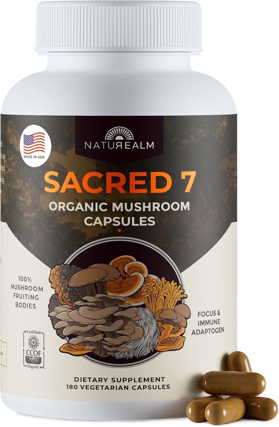 Sacred 7 Mushroom Powder Supplement - 7-in-1 Blend (7 Month Supply) | Immune Support, Cognitive Enhancement, and Energy Boost | Coffee Additive | Organic 100% Fruiting Body Extract of Lion's Mane, Reishi, and Chaga