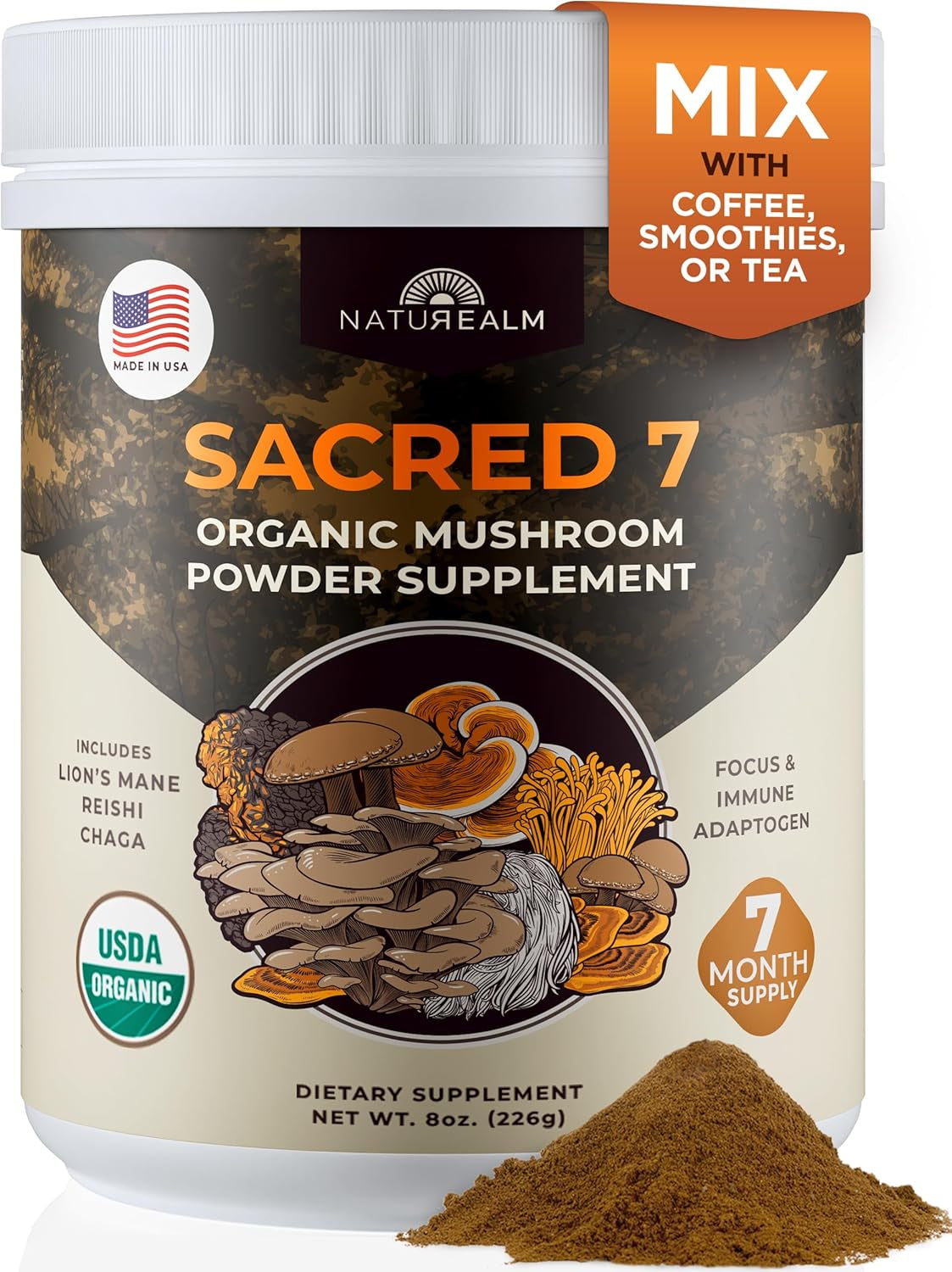 Sacred 7 Mushroom Powder Supplement - 7-in-1 Blend (7 Month Supply) | Immune Support, Cognitive Enhancement, and Energy Boost | Coffee Additive | Organic 100% Fruiting Body Extract of Lion's Mane, Reishi, and Chaga