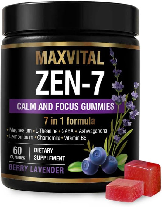Zen-7 Calm & Focus Gummies - Sugar-Free Stress Relief with Ashwagandha & L-Theanine - 60 Delicious Vegan Gummies for Daily Calm and Clarity