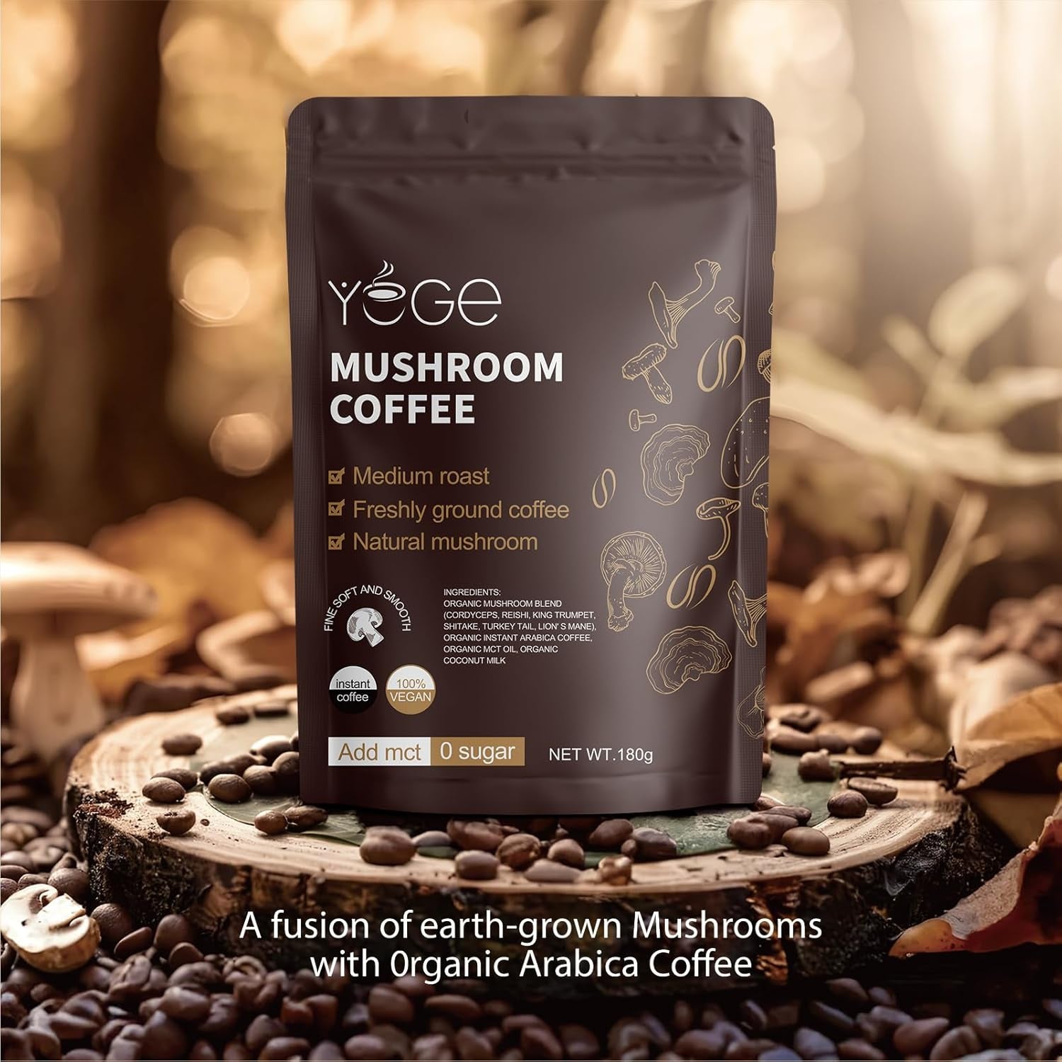 Instant Mushroom Coffee Blend with Cordyceps, Reishi, King Trumpet, Shiitake, Turkey Tail, and Lion's Mane for Enhanced Energy, Focus, Mood Support, and Immune Health (30 Servings)