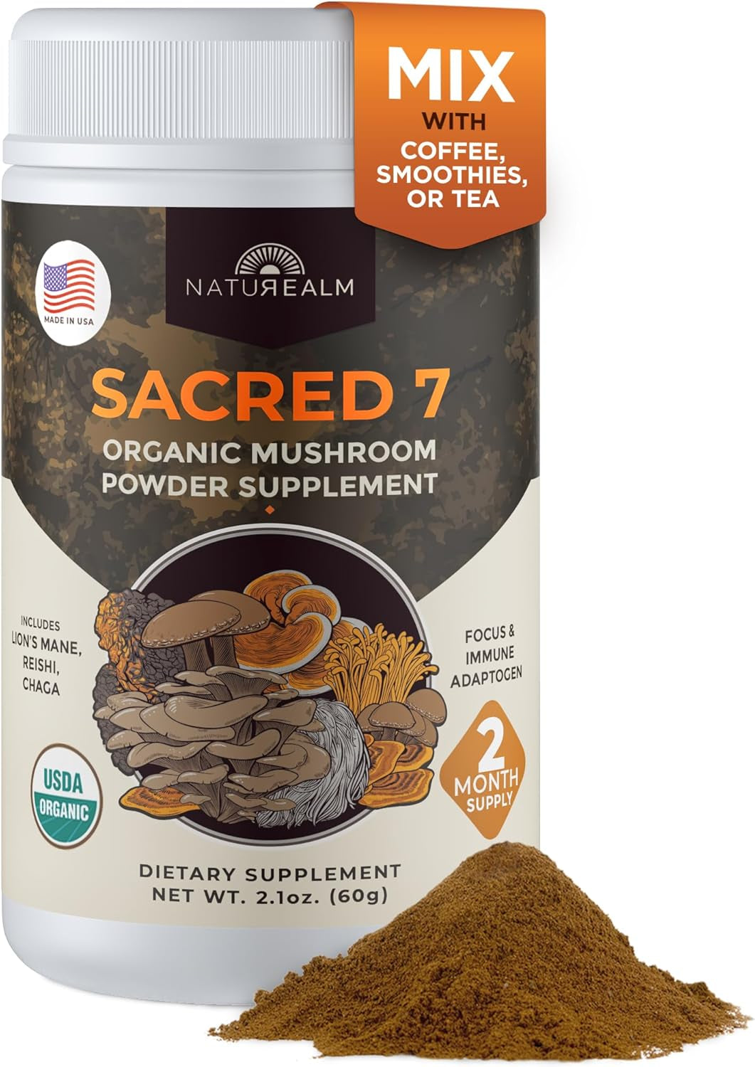 Sacred 7 Mushroom Powder Supplement - 7-in-1 Blend (7 Month Supply) | Immune Support, Cognitive Enhancement, and Energy Boost | Coffee Additive | Organic 100% Fruiting Body Extract of Lion's Mane, Reishi, and Chaga